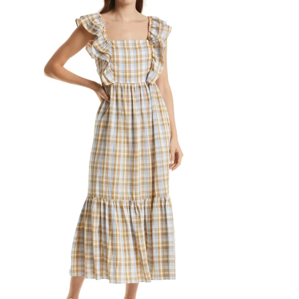 Madewell Plaid Ruffle Sleeve Tiered Midi Sundress